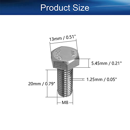 Image of Bettomshin 10Pcs M8 x 20mm Hex Bolts, 304 Stainless Steel 1.25mm Thread Pitch Fully Threaded Metric Hex Head Screw Bolts, Hexagon Screw Bolt, Hex Tap Bolts, Silver (Overall Size 25.45x13x13mm)