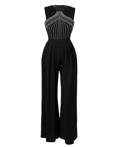 CHICME Women's One Piece Jumpsuit Rhinestone Cutout Ruched Wide Leg Jumpsuit Overall Long Pants-bk-M