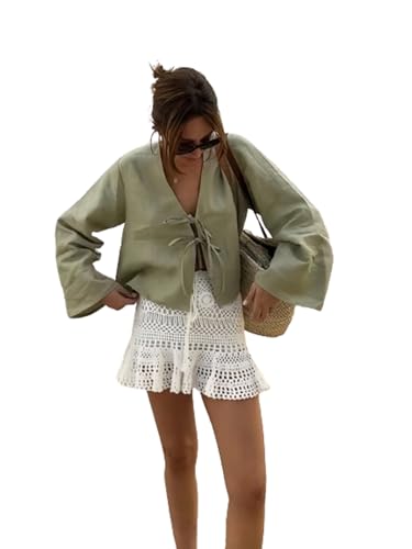 OCUH Puff Sleeve Tops for Women Leopard Print Tops for Women Lace Up Top Cute Tops for Women Leopard Vest