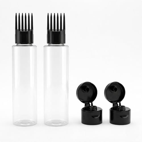 Image of Hian Hair Oil Applicator Bottle with Comb Tip & Two Flip Caps | 100 ml, Pack of 2 (Black) | Transparent Refillable Plastic | Root Care & Mess-Free Scalp Application | For Easy Oil & Shampoo Dispensing