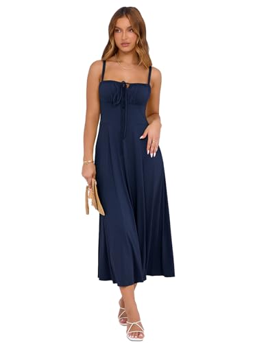 Image of YATHON Women's Summer Midi Corset Boho Dresses Spring Casual Floral Spaghetti Straps Lace Up Dress Flowy Aline Beach Sundress