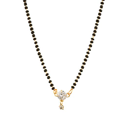 Zeneme Mangalsutra Gold Plated American Diamond Soitare Style With Black Beaded Chain Traditional Tanmaniya Nallapusalu Jewellery for Women