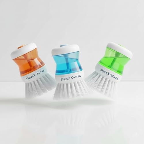 Image of Sink Cleaner Brush with Built-in Liquid Soap Dispenser | Kitchen Cleaning Brush for Sink, Washbasin, Utensils, Bathroom Tiles & Countertop | Durable Scrub Brush (Pack of 3)