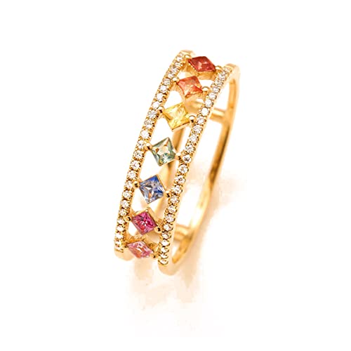 14K Gold Plated Multicolor Rainbow Colorful Chakra Square Cubic Zirconia Finger Ring for Women Girl Anniversary Birthday Jewelry Gift