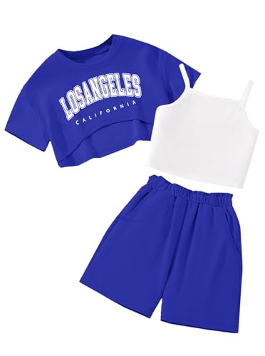 Image of Girl's Summer 3 Piece Outfits Graphic Short Sleeve Crop Top Cami and Shorts Clothes Set
