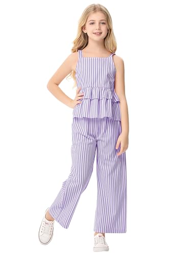 Image of Girl's 2 Piece Striped Outfits Cami Top Wide Leg Pants Ruffle Hem Summer Clothes with 2 Pockets 3-14Y