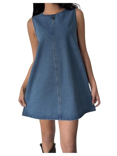 Milumia Women's Bow Tie Back Denim Sundress Crew Neck Sleeveless Flared Short Dresses