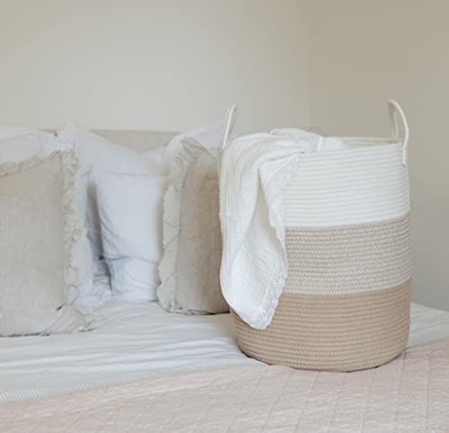 Image of OrganiHaus Large Cotton Rope Blanket Basket - Woven Laundry & Toy Storage Basket, 38x45cm, Honey