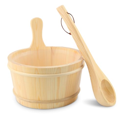 Wooden Bucket and Ladle Set 4L Capacity Sauna Water Bucket with Handle and Plastic Insert Wood Ladle Kit Barrel Set Accessories for Home-Sauna/Steam Room
