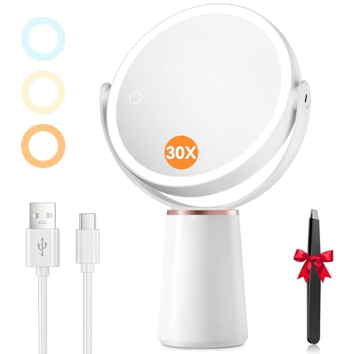 Auxmir Espejo Maquillaje con Luz LED, Aumento 30X/1X Doble Cara, Recargable por USB 2000mAh, 3 Colores de Luz, Brillo Ajustable, 360° Giratorio, para Baño, Afeitado, Depilación y Cejas
