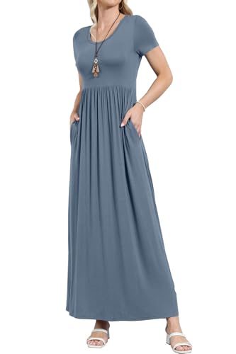 Image of EUOVMY Women's Short Sleeve Loose Plain Maxi Dresses Casual Vacation Long Dresses with Pockets