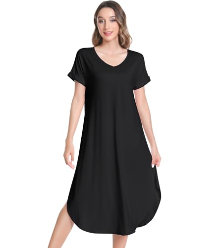 Image of NACHILA Nightgowns for Women-Viscose Made from Bamboo,Short Sleeve Nightshirts Satin V Neck Sleep Dress Loose Sleepwear