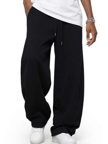 GLOKEE Mens Baggy Sweatpants Fleece Wide Leg Sweat Pants with Pockets Elastic Waist Drawstring Lounge Joggers Black M