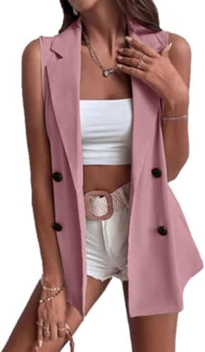 Women's Sleeveless Blazer Vest Summer Casual Open Front Cardigan Double Breasted Jacket with Pockets