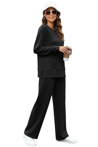 OFEEFAN Women's 2 Piece Lounge Set Travel Airport Outfits Side Slit Tracksuit Wide Leg Loungewear Baggy Comfy Sweatsuit S-3XL2