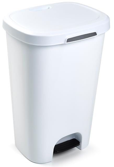 Muddy Hands 50 Litre Plastic Foot Pedal Bin Large Tall Slim Kitchen Rubbish Recycling Waste Dustbin (White)