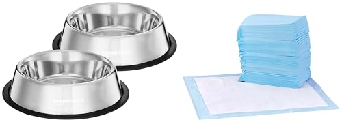Image of AmazonBasics Pet Training and Puppy Pads with Leak-Proof Quick-Dry Design, Regular - 50 Piece & Amazon Basics Pet Feeding Bowl 700 ml (Set of 2)