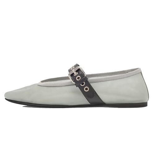 Mesh Ballet Flats for Women Buckle Strap Round Toe Mary Jane Flats Slip On Comfortable Casual Dress Ballerina Shoes 6 Light-grey