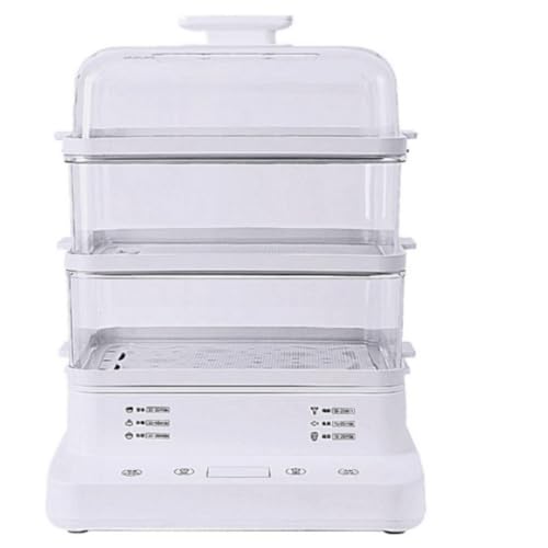 Runsweat多機能電気蒸し器、3層、24リットル容量、全自動、24時間タイミング、9秒の急速加熱、2時間の保温、空焚き防止、お手入れ簡単、操作簡単、家庭でのさまざまな場面に適しています (白色-塑料蒸?)