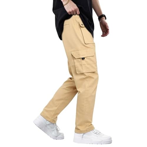 GINGTTO Men's Casual Cargo Pants Elastic Waist Camo Pants Hiking Joggers Khaki 38W x 30L
