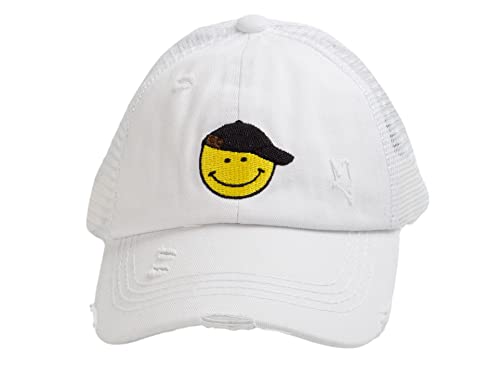 C.C Girls Smile Embroidered Criss Cross Cap Ponytail Hat, White