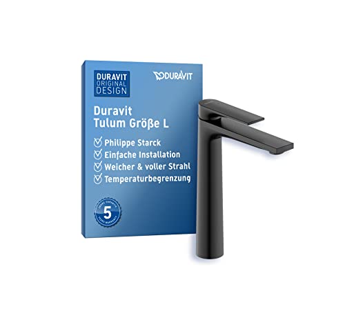 Duravit Tulum Waschtischarmatur, Größe XL (Auslauf Höhe 222 mm), Wasserhahn Bad, Waschbecken Armatur, Schwarz Matt
