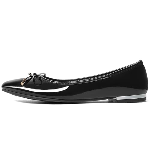 MUSSHOE Women's Ballet Flats Shoes Dressy Comfortable Square Toe Patent Flat with Bow2