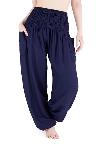 Lannaclothesdesign Pantalones estilo harén de yoga con cintura fruncida para mujer, estilo bohemio, ropa hippie, Azul oscuro, XXL