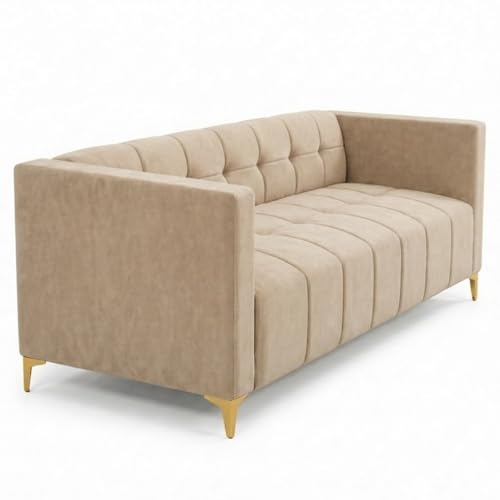 Image of FURNY Styliving 4 Seater L Shape Sofa Set with Movable Ottoman & Golden Legs | Flexible Left or Right Layout | Plush Velvet Fabric (Beige) | Perfect for Living Room, Guest Room & Office
