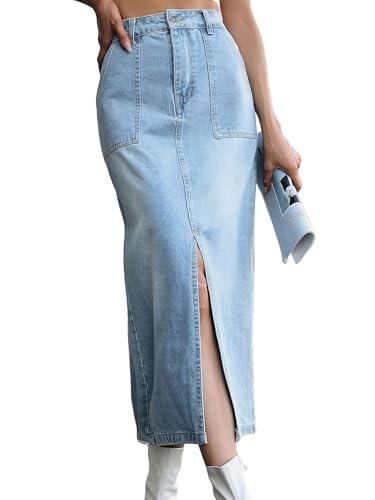 ebossy Women's Casual High Waist Front Slit Utility Pencil Long Jean Skirts with Patch Pockets