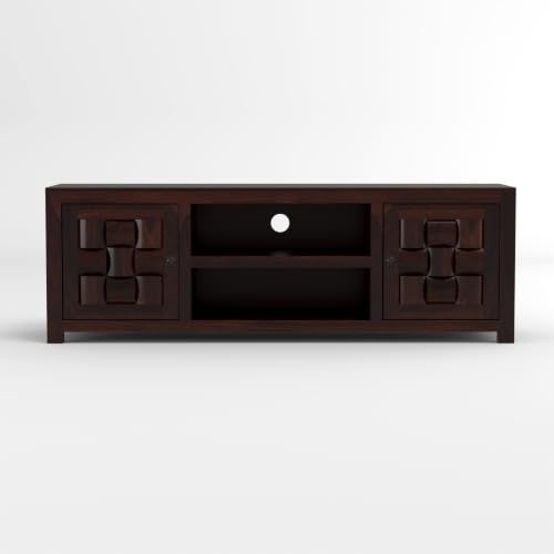 Image of Solid Sheesham Wood Entertainment TV Unit with 2 Door | Rosewood Tv Stand /TV Cabinet for Living Room | Bedroom | Wooden TV Panel with Shelf Stoarge | TV Table
