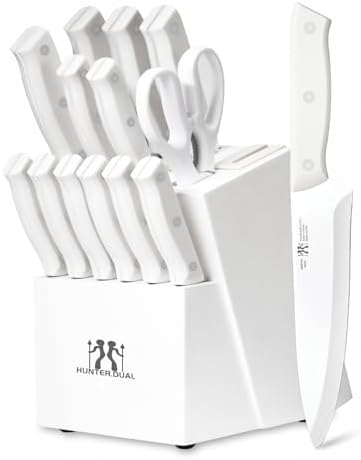 Knife Set, HUNTER.DUAL 15 Piece Kitchen Knife Set with Block and Built-in sharpener, Dishwasher Safe, Anti-slip Handle, White