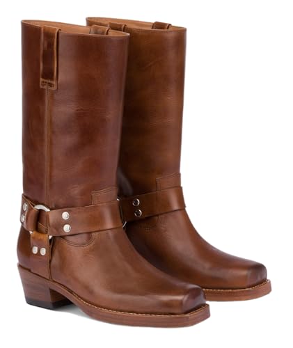 Women's Western Riding Boots Mid Calf Fashion Buckle Square Toe Chunky Heel Wide Calf Biker Boots Motorcycle Pull On Boots