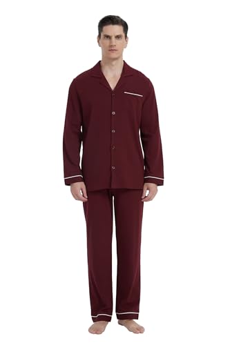 GLOBAL Men's Pajama Set 100% Cotton Soft Classic Warm Pjs Elastic High Waist Button Fly Sleepwear4