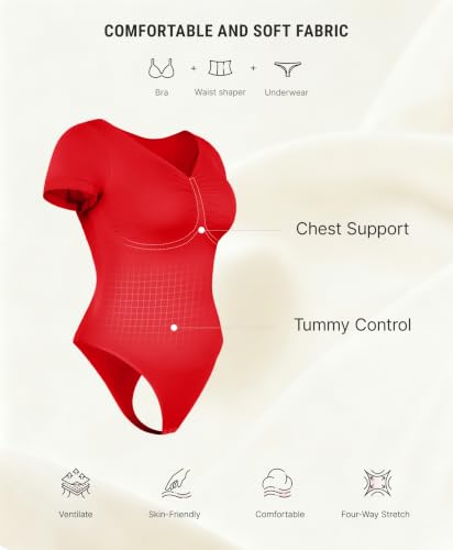 Image of FeelinGirl Short Sleeve Shapewear Bodysuit for Women V Neck Tummy Control | Sweetheart Neckline, Seamless, Going Out Tops, Thong, Plus Size, Soft