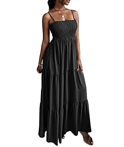Image of Sexyshine Women's Square Neck Halter Lace Up Criss Cross Maxi Dress Tie Back Sleeveless Smocked Ruched A Line Dress