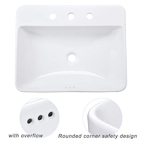 Aquaterior 23\" Rectangle Drop in Bathroom Sink White Ceramic Above Counter Semi Recessed Vessel Sink with Pop Up Drain