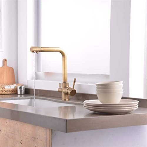 Grifo de cocina para filtro de agua de 3 vías que ahorra espacio con latón dorado