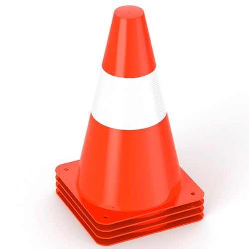 9 inch Traffic Safety Cones with Reflective Collars, [4 Pack] Orange Construction Cones| Parking Cones| Soccer Training Cones |Road Cones for Parking lot, Driveway, Sport and Driving Training