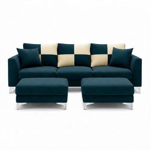 Image of Romiro 5 Seater L Shape Sofa Set with 2 Movable Ottomans | Flexible Layout | Rich Velvet Suede Fabric | Silver Legs | Modern Sofa for Living Room (Green Teal)