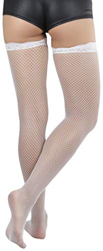 Image of ToBeInStyle Women's Wide Floral Lace Fishnet Thigh Hi Stockings
