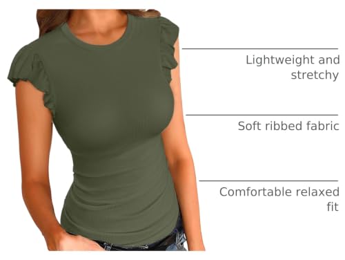 Image of VICHYIE Summer Women Ruffle Cap Sleeve Pretty Fitted Shirt | Ribbed Knit, Basic, Casual, Fashion Blouse, Solid Color