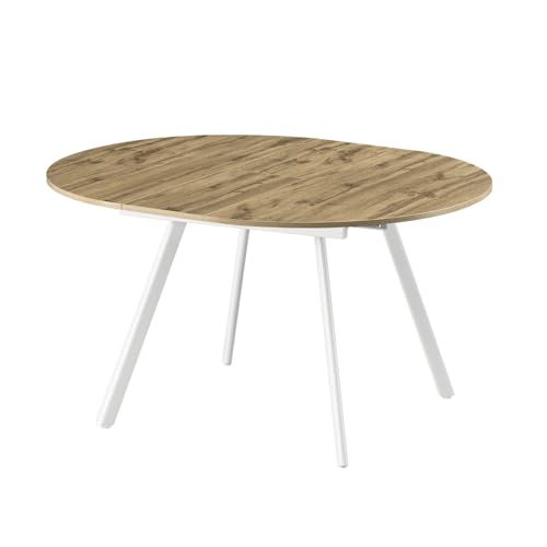 B&D home® runder Design Esstisch Till, ausziehbar 120–150 cm mit Butterfly-Einlage, 4–6 Personen, Tischplatte in Eiche Optik, Metallgestell weiß, moderner Küchentisch/Esszimmertisch B&D home® runder Design Esstisch Till, ausziehbar 120–150 cm mit Butterfly-Einlage, 4–6 Personen, Tischplatte in Eiche Optik, Metallgestell weiß, moderner Küchentisch/Esszimmertisch