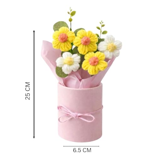 Image of Artificial Crochet Flower Bouquet Handmade Cotton Flowers Bunch for Home Decor, Gift for Girls, Wedding, Festival Decoration, Long Lasting Floral Arrangement (Flower Pot (Yellow))
