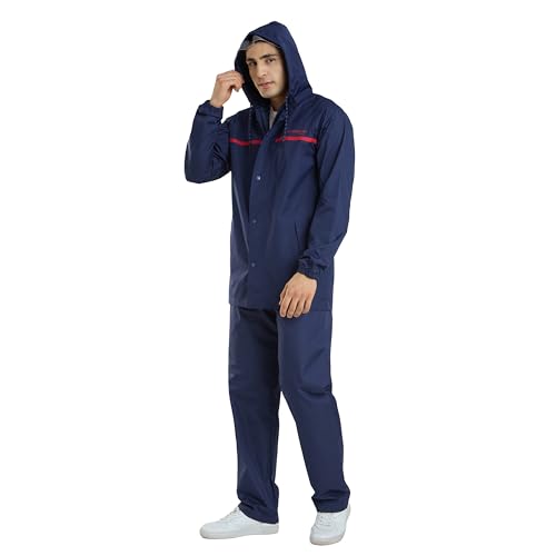 Image of Water Fighter by ZEEL Rain Coat for Men with Adjustable Hood, Polyester Waterproof Full Sleeves, Top and Bottom Set Rainwear, Front Zip with Snap Button Flap (EWF1020, Navy, XXL)