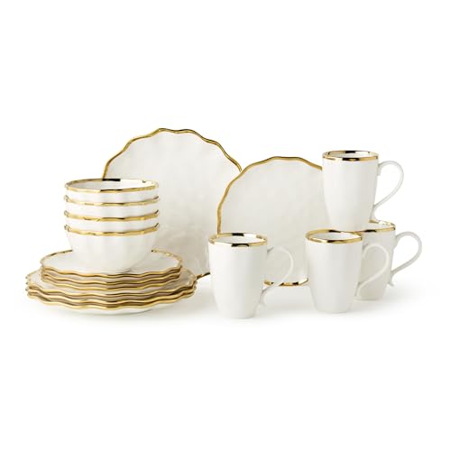 Regency Gold 16-Piece Dinnerware Set – Elegant Gold Rimmed Porcelain Plates, Bowls & Mugs – Service for 4 – Sophisticated Dining Set for Everyday Meals, Holiday Gatherings & Wedding Gifts