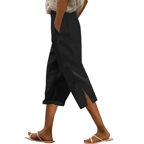 Linen Capri Pants for Women Side Slit High Waisted Wide Leg Cropped Pants Summer Beach Cover Up Pant with Pockets4