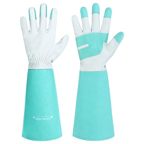 Image of HANDLANDY Rose Pruning Gloves for Men Women, Thorn Proof Gardening Gloves | Long Leather Gardening Gloves, Breathable Leather Gauntlet, Best Garden Gifts & Tools for Gardener (Teal Green, L)