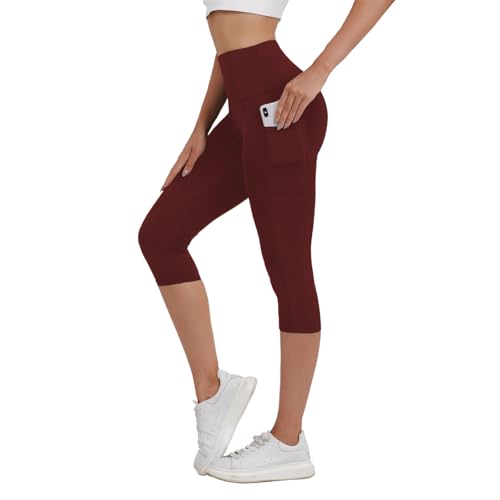 Merlvida Legging 3/4 Femme Taille Haute Pantalon Sport Capri avec Poches Pantacourt Été Extensible Opaque Leggings Court Push Up Cyclisme Yoga Fitness