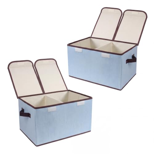 Tcbelosion Foldable Fabric Storage Box, 16.5 x 11.8 x 9.8 inches (L x W x H), with Double-Lid & Dividers, Large Organizer for Home, Closet, Office (Sky Blue, 2 Packs)